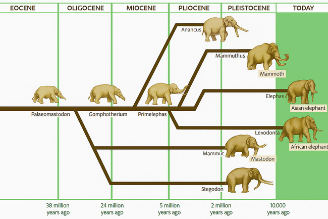 Evolution of the modern elephant. The evolutionary tree also shows similar species that existed in prior epochs, including mammoth and mastodon in the Pleistocene.