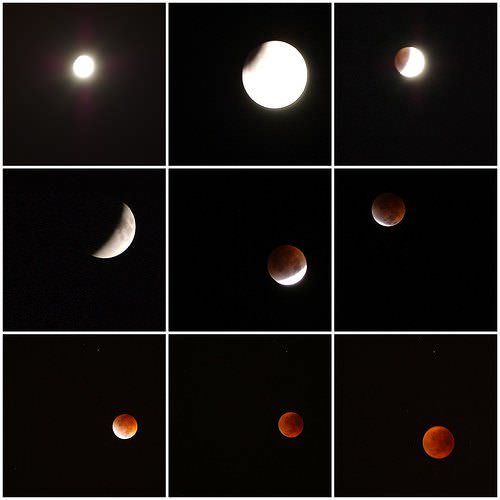 Various stages of a lunar eclipse - full moon, partial eclipse, orange moon, total eclipse and red moon.