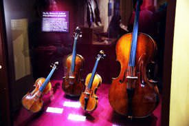 Stradivarius instruments on display at Smithsonian Museum of American History. L->R: Greffuhle Violin, Axelrod Viola, Ole Bull Violin and Marylebone Cello