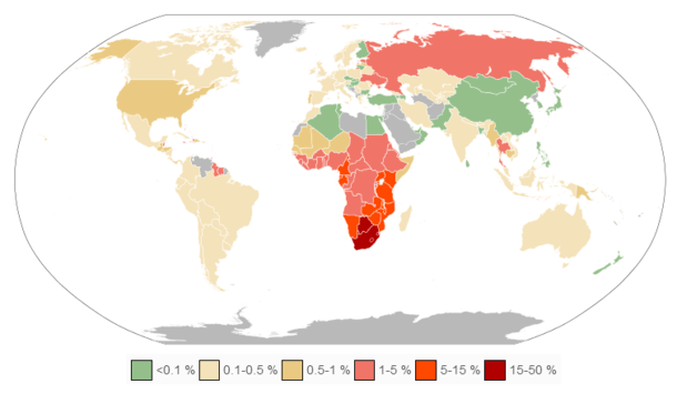 Click to enlarge. The prevalence of HIV across the world, as of 2009.