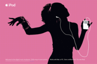 iPod ad with a black silhouette of a girl carrying a white iPod with earbuds. Pink background.